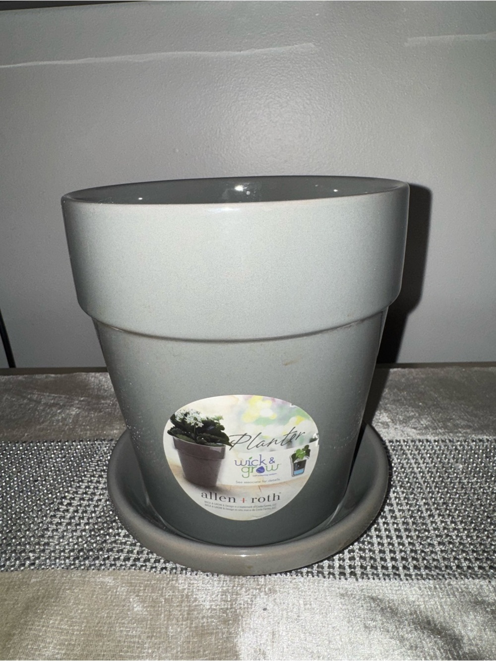 NWT, Allen + Roth Gray Ceramic Planter with Saucer